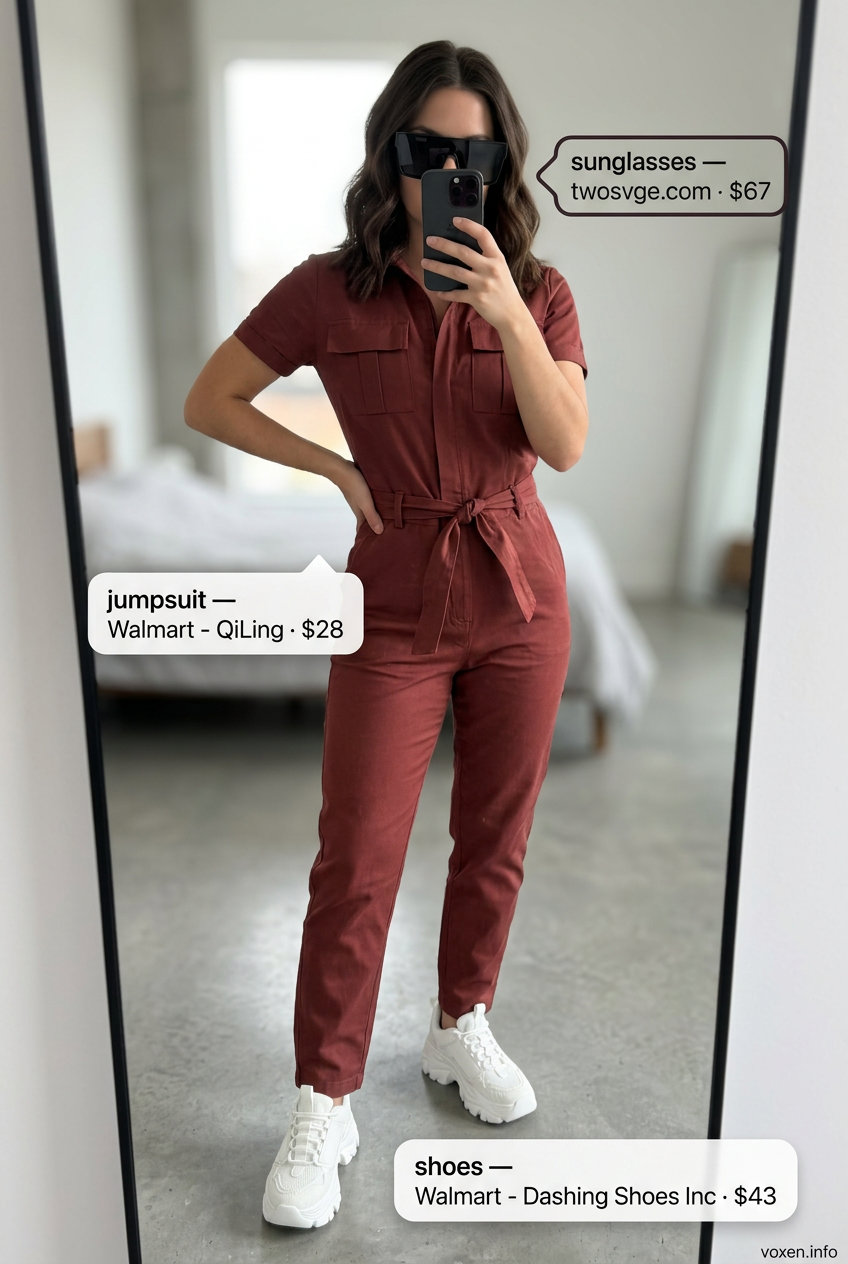 Practical Summer Red Outfits for Women 2026: Jumpsuit Summer Red Outfits for Women 2026: Rich tomato red utility jumpsuit with white sneakers and black sunglasses.