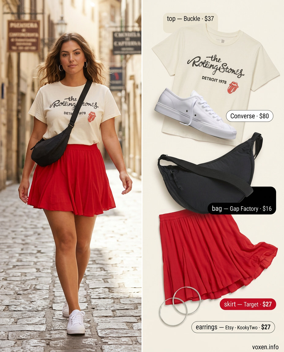 Playful Red Mini Skirt Outfit 2026 Summer Red Outfits for Women 2026: Bright red mini skirt, white tee, sneakers for casual day out.