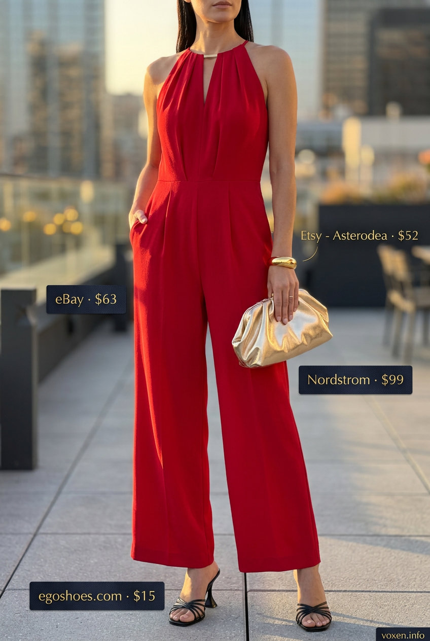 Chic Red Jumpsuit for Soirees 2026 Summer Red Outfits for Women 2026: Sophisticated deep red wide-leg jumpsuit for cocktail hour.
