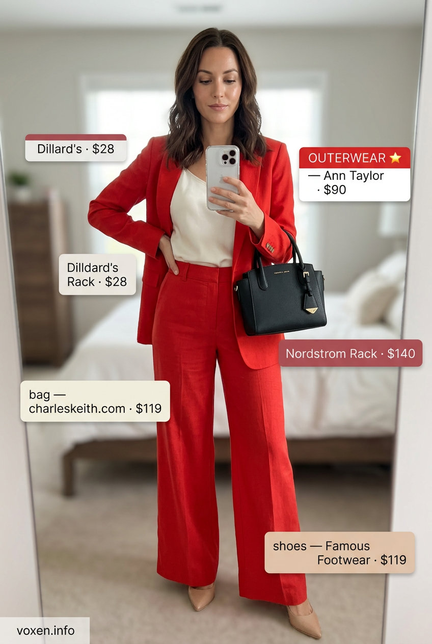 Power Red Suit for Business 2026 Summer Red Outfits for Women 2026: Red linen suit, ivory camisole, nude pumps for power dressing.