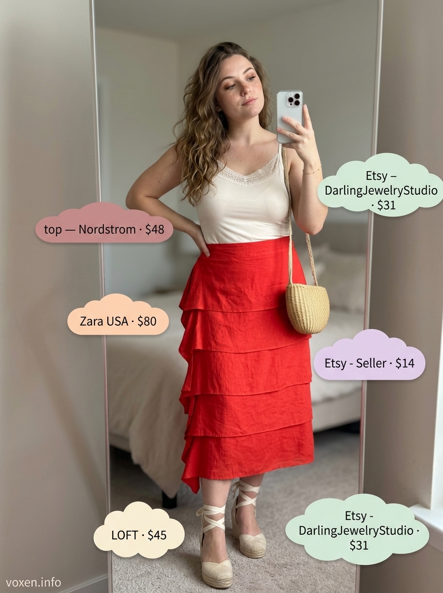 Summer Red Outfits for Women 2026: Romantic tiered red skirt, white cami, espadrilles for garden party.