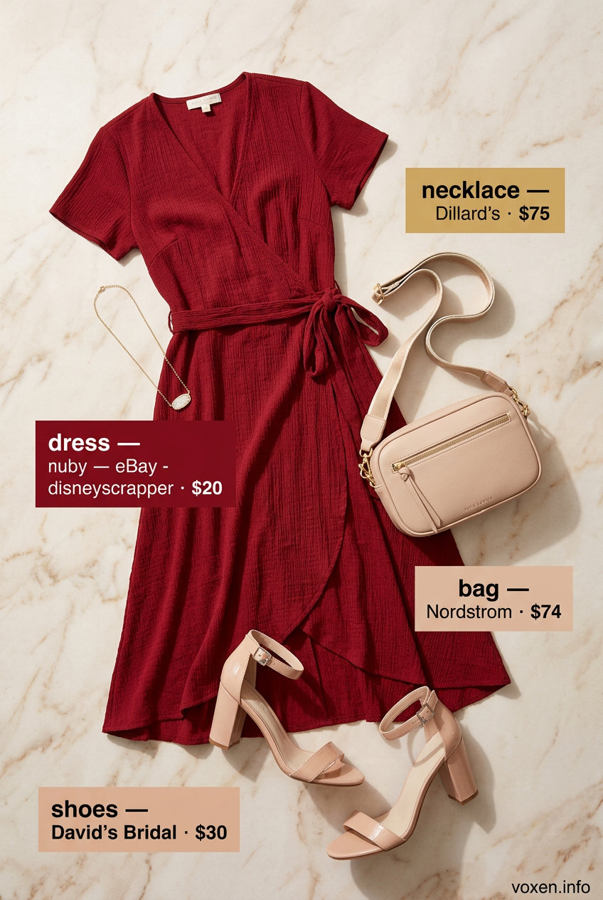 Elegant Red Wrap Dress 2026 Summer Red Outfits for Women 2026: Ruby red wrap dress, nude sandals, gold necklace for garden party.