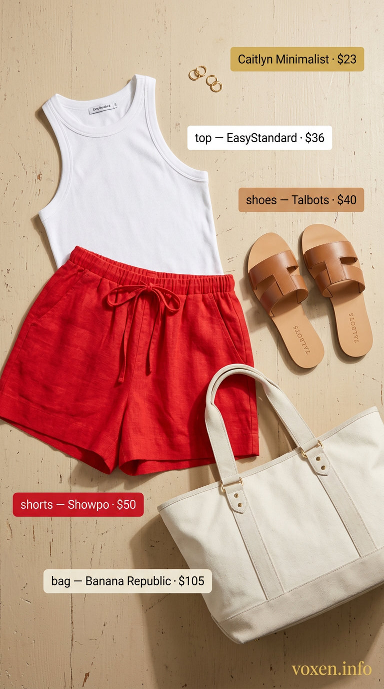 Casual Red Linen Shorts Outfit 2026 Summer Red Outfits for Women 2026: Scarlet red linen shorts, white tank, canvas tote for casual day out.