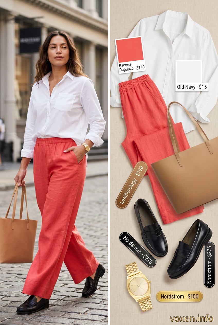 Coral Red Pants Outfit for City 2026 Summer Red Outfits for Women 2026: Coral red linen pants, white shirt, navy loafers for city exploration.