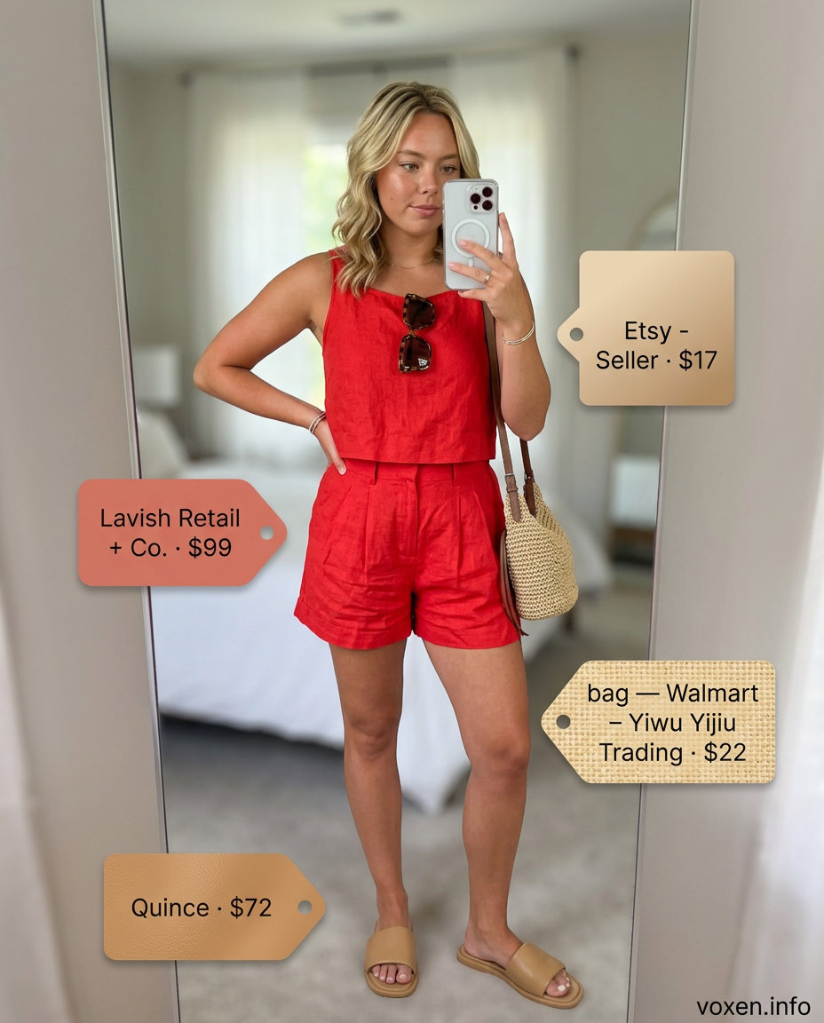 Linen Red Set for Travel 2026 Summer Red Outfits for Women 2026: Linen red shorts set with white tank, straw bag, and slides for travel.