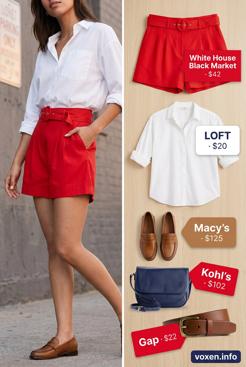 Chic Red Shorts Outfit for Casual Workdays 2026 Summer Red Outfits for Women 2026: Chic cherry red paperbag shorts, white button-down shirt, navy crossbody, loafers, and tan belt.