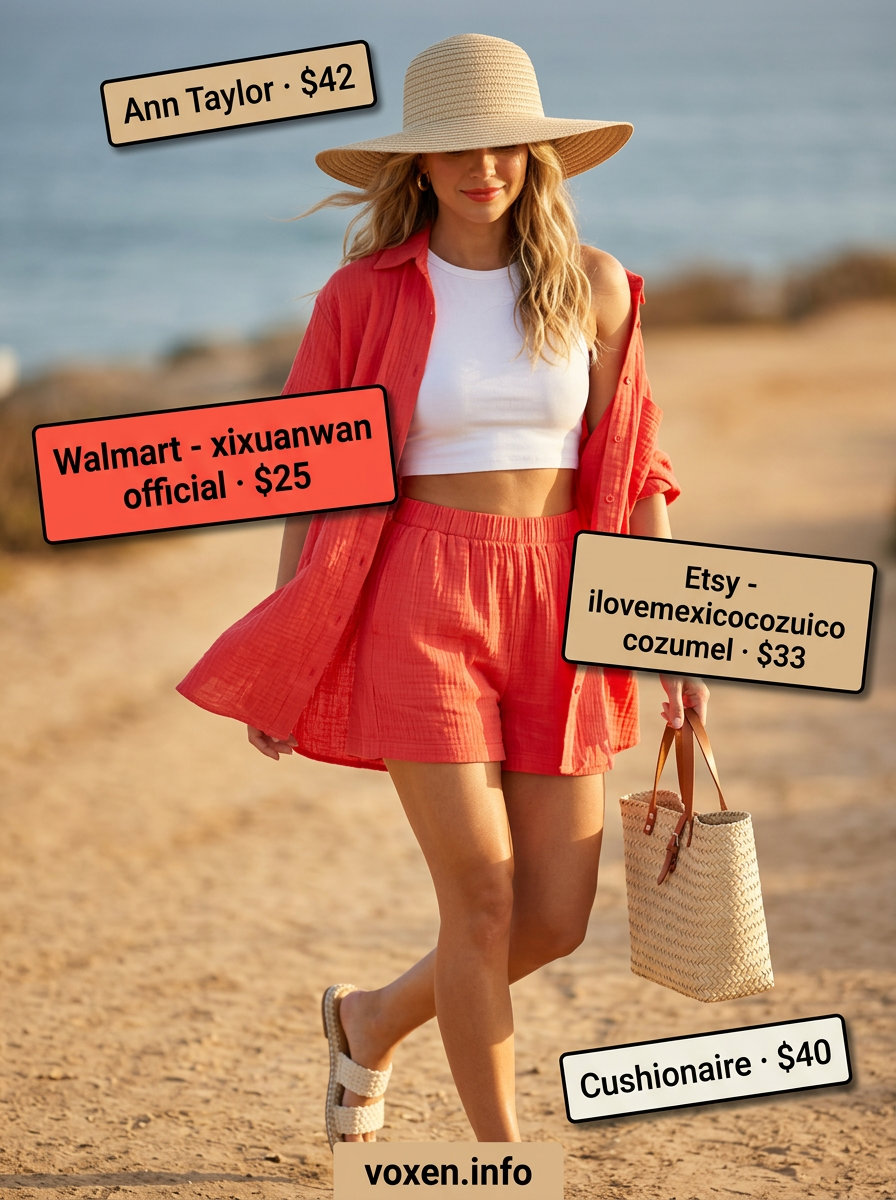 Relaxed Red Linen Set for Coastal Vacations 2026 Summer Red Outfits for Women 2026: Relaxed coral red linen shirt and shorts set, straw tote, sun hat, and espadrille sandals for vacation.