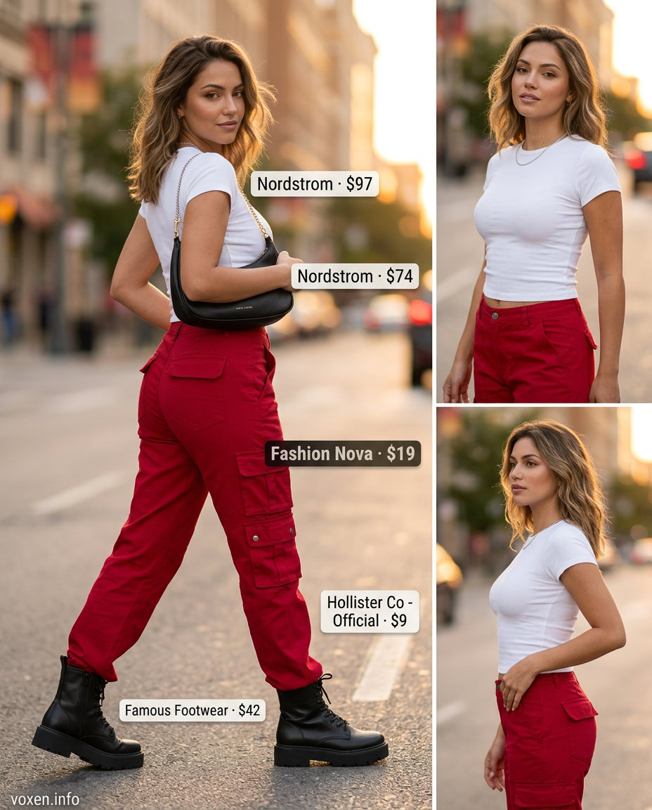 Edgy Crimson Cargo Pants Outfit for Summer 2026 Summer Red Outfits for Women 2026: Edgy crimson cargo pants, white tee, black combat boots, and chain crossbody bag for casual city style.