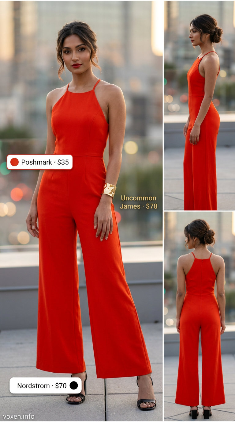 Glamorous Red Jumpsuit for Summer Parties 2026 Summer Red Outfits for Women 2026: Glamorous fiery red wide-leg jumpsuit, black clutch, gold cuff, and strappy heels for parties.