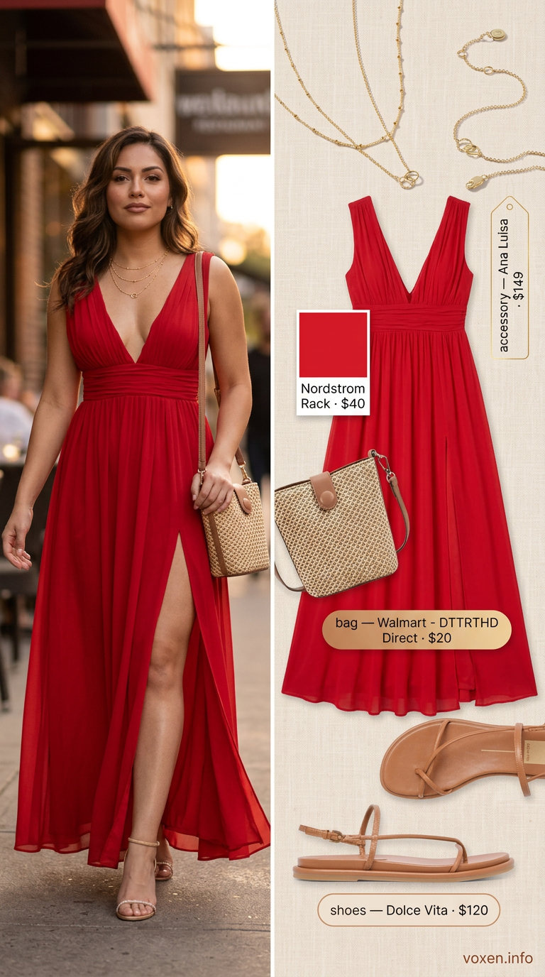 Elegant Red Maxi Dress for Summer Evenings 2026 Summer Red Outfits for Women 2026: Elegant deep red maxi dress, straw bag, gold necklace, and tan sandals for an evening event.