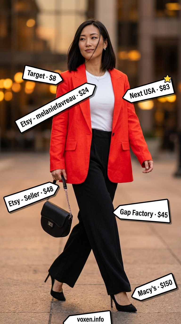 Sharp Red Blazer for Business Casual Summer 2026 Summer Red Outfits for Women 2026: Sharp red linen blazer, white tank, black trousers, black shoulder bag, and stiletto heels.
