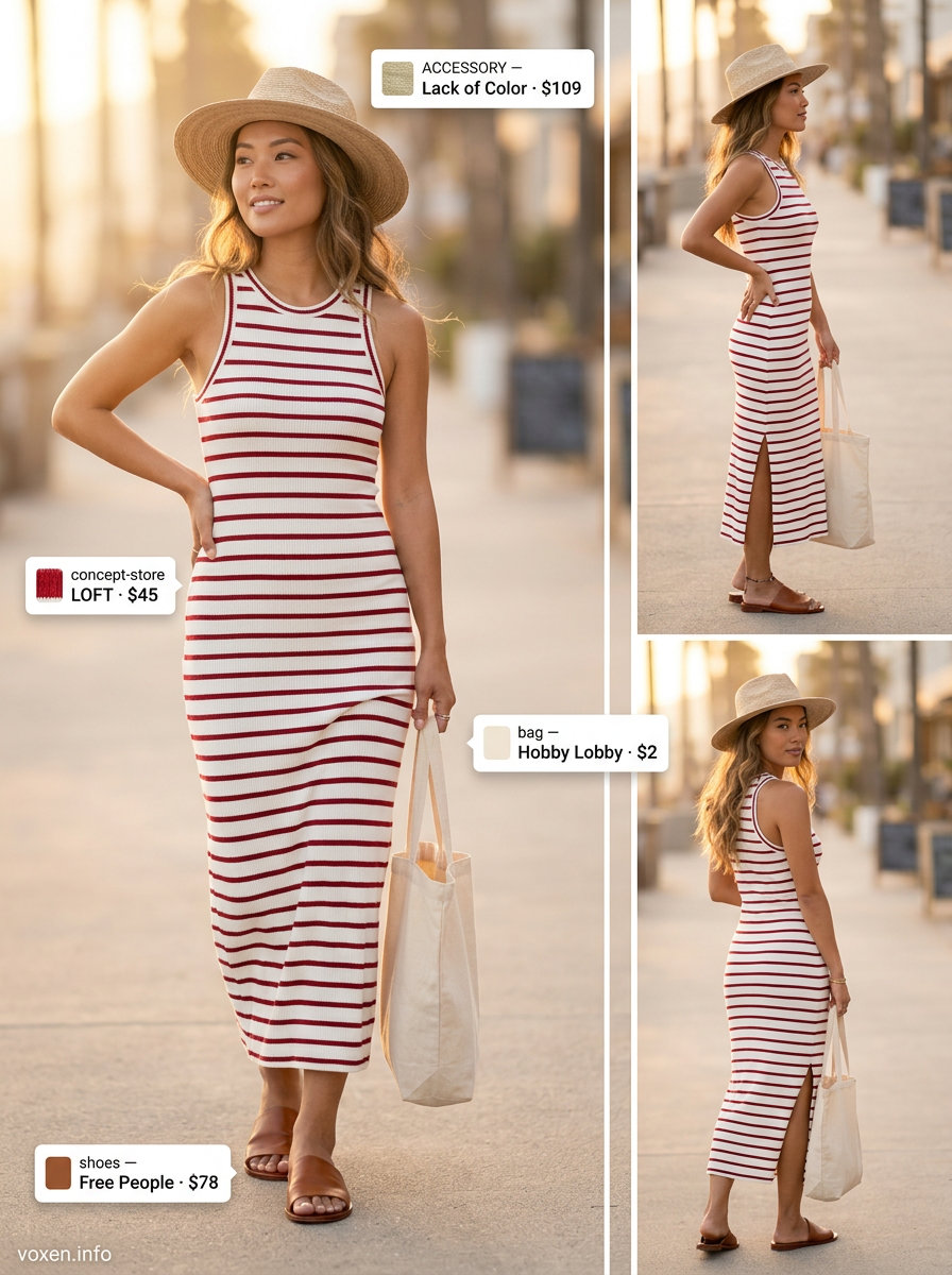 Striped Red Knit Dress for Casual Summer Days 2026 Summer Red Outfits for Women 2026: Casual red, orange, beige striped knit midi dress, straw fedora, leather slides, and canvas tote.