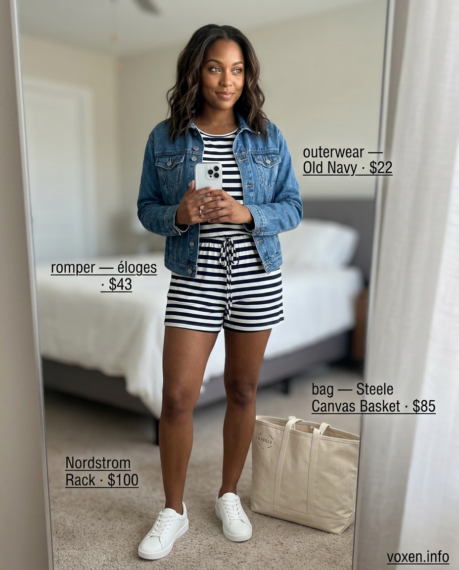 Classic Summer Romper Outfits for Women 2026 Classic summer romper outfit for women 2026: Striped romper, denim jacket, white sneakers, canvas tote.