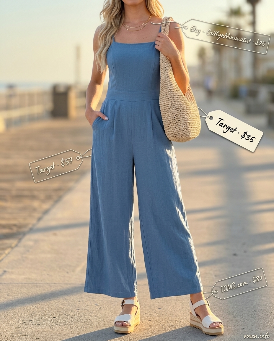 Coastal Getaway Romper Outfits for Women 2026 Coastal getaway romper outfit for women 2026: Sky blue romper, espadrilles, straw tote, layered necklaces.