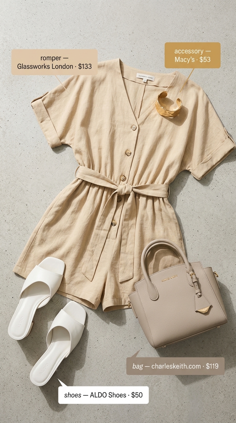Elegant Linen Romper Outfits for Women 2026 Elegant linen romper outfit for women 2026: Beige romper, cream mules, structured bag, gold cuff bracelet.