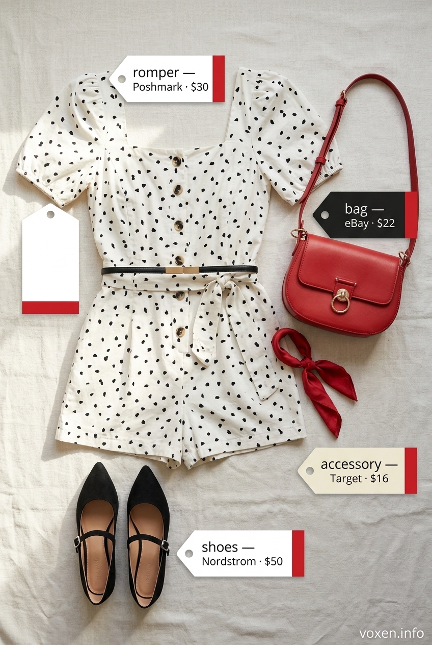 Playful Polka Dot Romper Outfits for Women 2026 Playful polka dot romper outfit for women 2026: White polka dot romper, red bag, black ballet flats, thin belt.