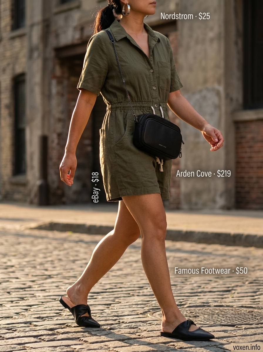 Urban Explorer Romper Outfits for Women 2026 Urban explorer romper outfit for women 2026: Olive green utility romper, black flats, silver hoops, crossbody bag.
