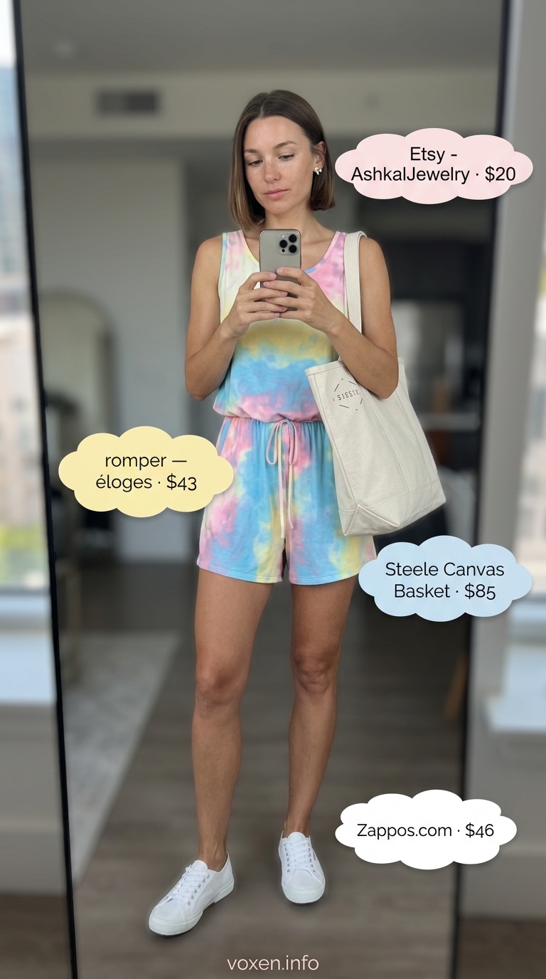 Weekend Brunch Romper Outfits for Women 2026 Weekend brunch romper outfit for women 2026: Tie-dye romper, white sneakers, canvas tote, silver studs.