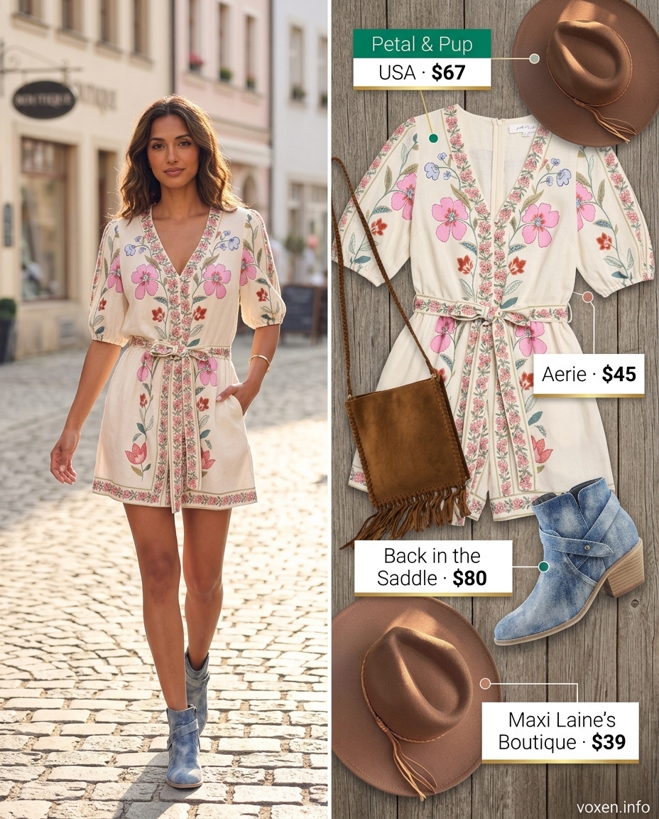Boho Festival Romper Outfits for Women 2026 Boho floral print romper outfit for women 2026, perfect for music festivals and summer brunch.