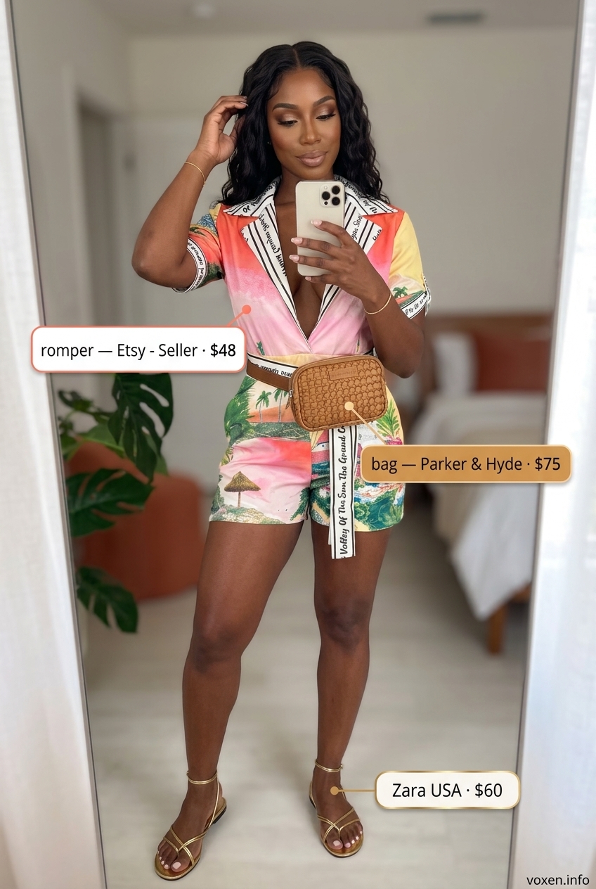 Vacation Ready Romper Outfits for Women 2026 Vibrant coral tropical print romper outfit for women 2026, perfect for vacation day trips and resort wear.