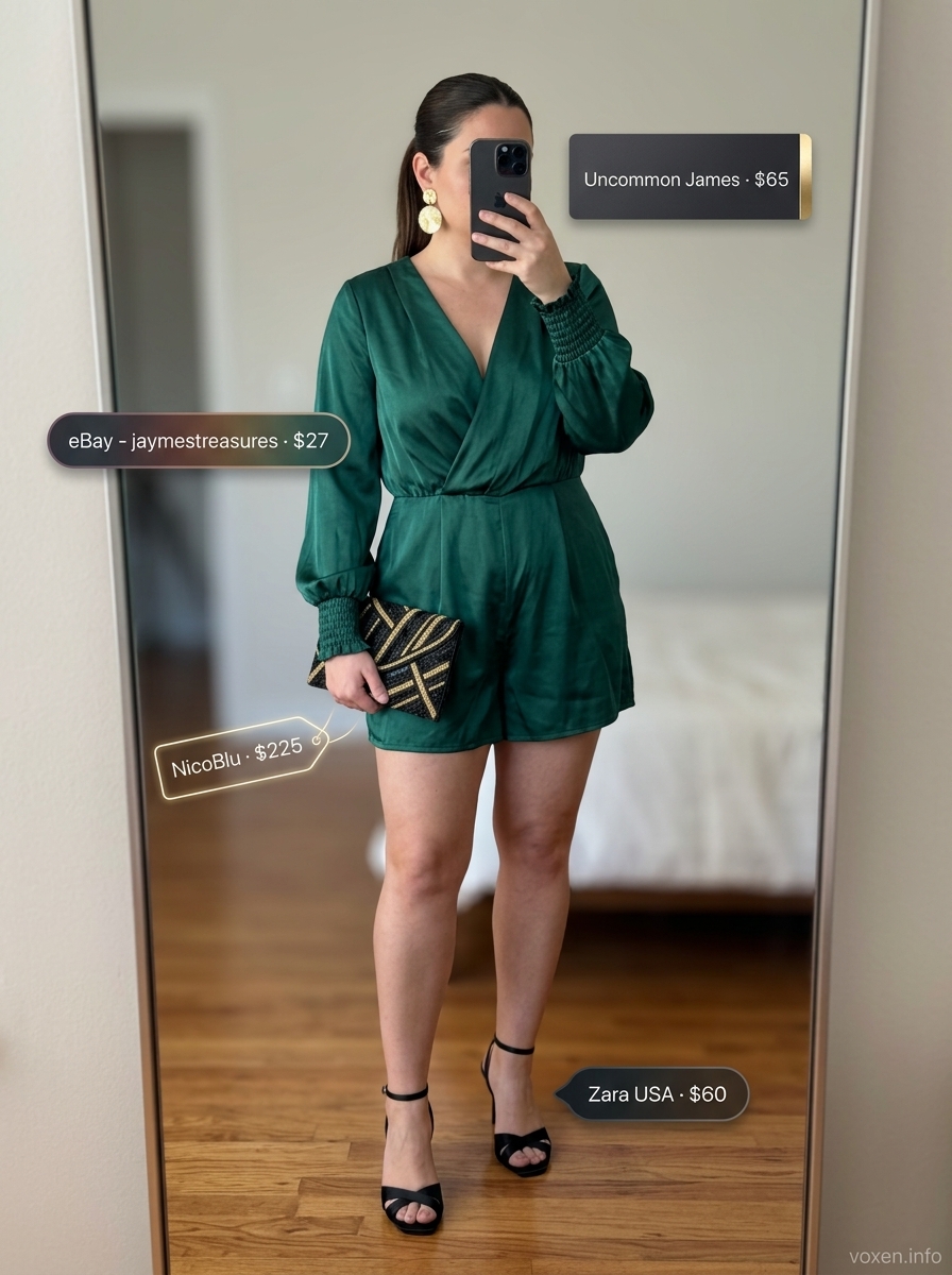 Chic Evening Romper Outfits for Women 2026 Chic emerald green satin romper outfit for women 2026, perfect for date nights and evening events.