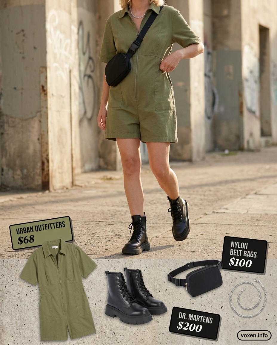 Urban Explorer Romper Outfits for Women 2026 Edgy olive green utility romper outfit for women 2026, perfect for city exploration and concerts.