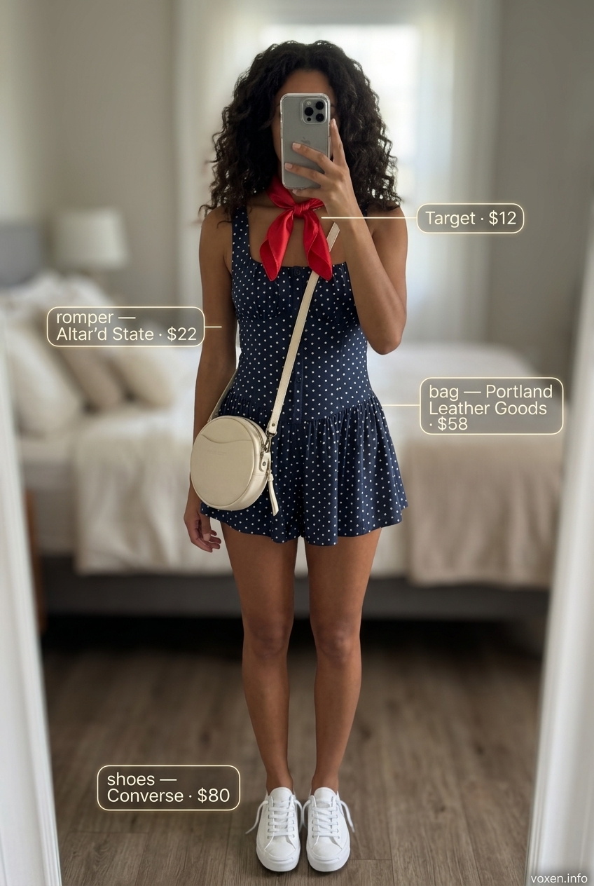 Retro Vibes Romper Outfits for Women 2026 Playful navy polka dot romper outfit for women 2026, perfect for casual days and picnics.