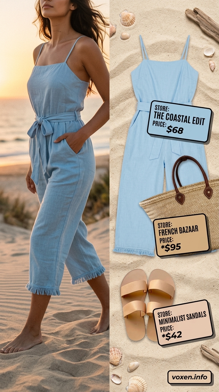 Coastal Breeze Linen Romper Outfits for Women 2026 Airy sky blue linen romper outfit for women 2026, perfect for beach days and summer brunches.