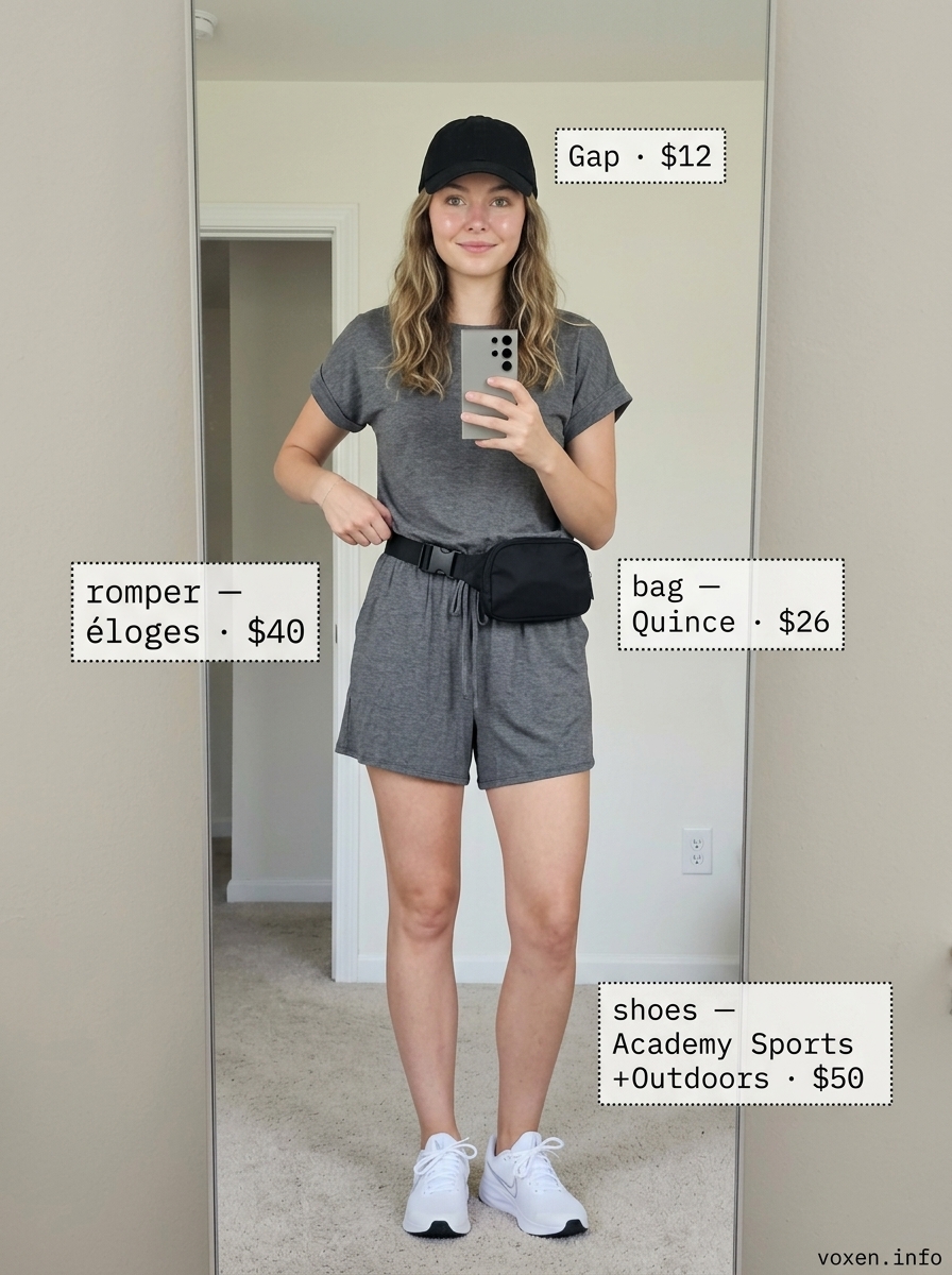 Sporty Chic Romper Outfits for Women 2026 Sporty chic charcoal grey romper outfit for women 2026, great for active days and casual errands.