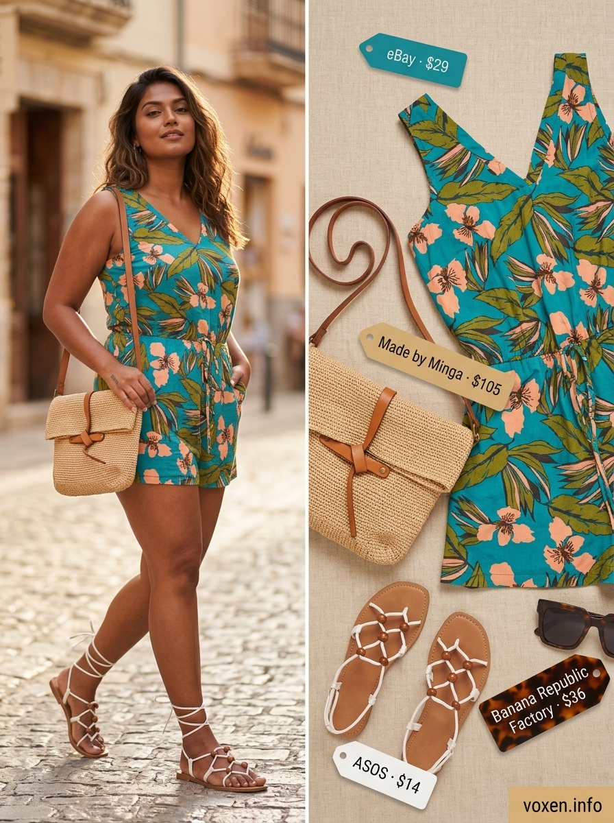 Vacation Ready Romper Outfits for Women 2026 Vibrant teal floral print romper outfit for women 2026, ideal for vacation and resort wear.