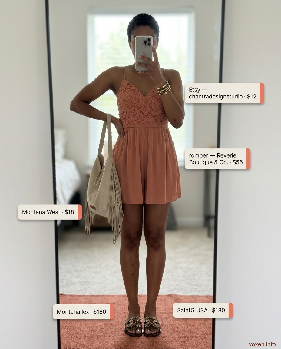 Boho Beach Romper Outfits for Women 2026 Boho terracotta crochet romper outfit for women 2026, ideal for beach bonfires and casual evenings.