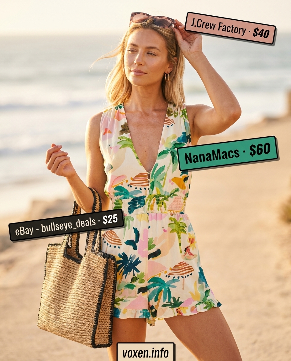 Tropical print halter romper outfit for women 2026, ideal for vacation and beach resort style.