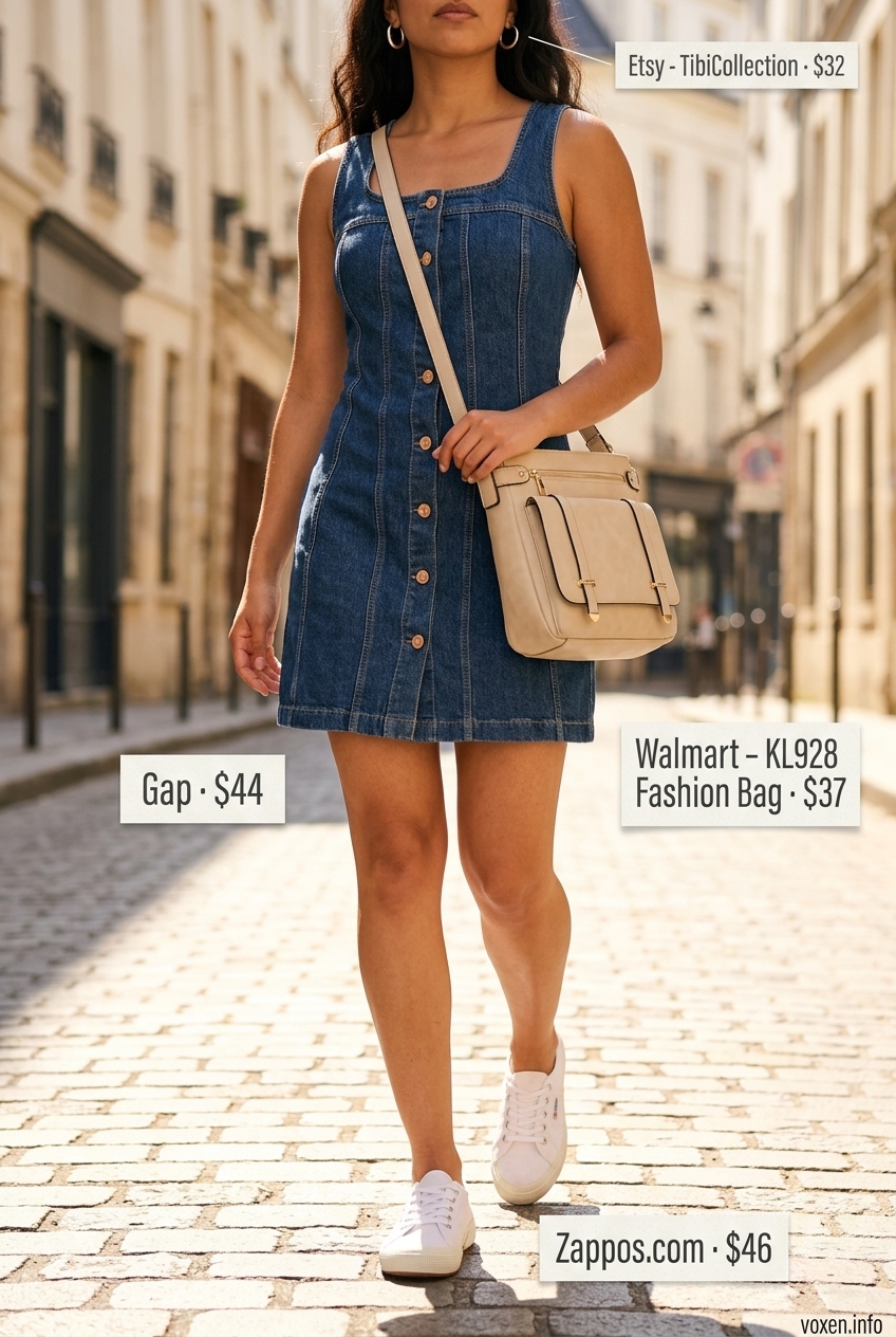 Casual Cool Denim Dress: Medium wash sleeveless denim mini dress, white sneakers, crossbody bag for summer sleeveless dresses for women 2026.