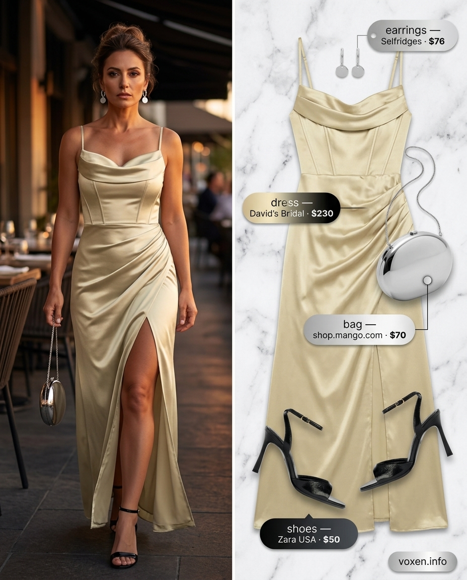Glamorous Slip Dress 2026 Sophisticated champagne satin slip dress for women 2026, glamorous for date nights and cocktail parties. Style with silver heels.