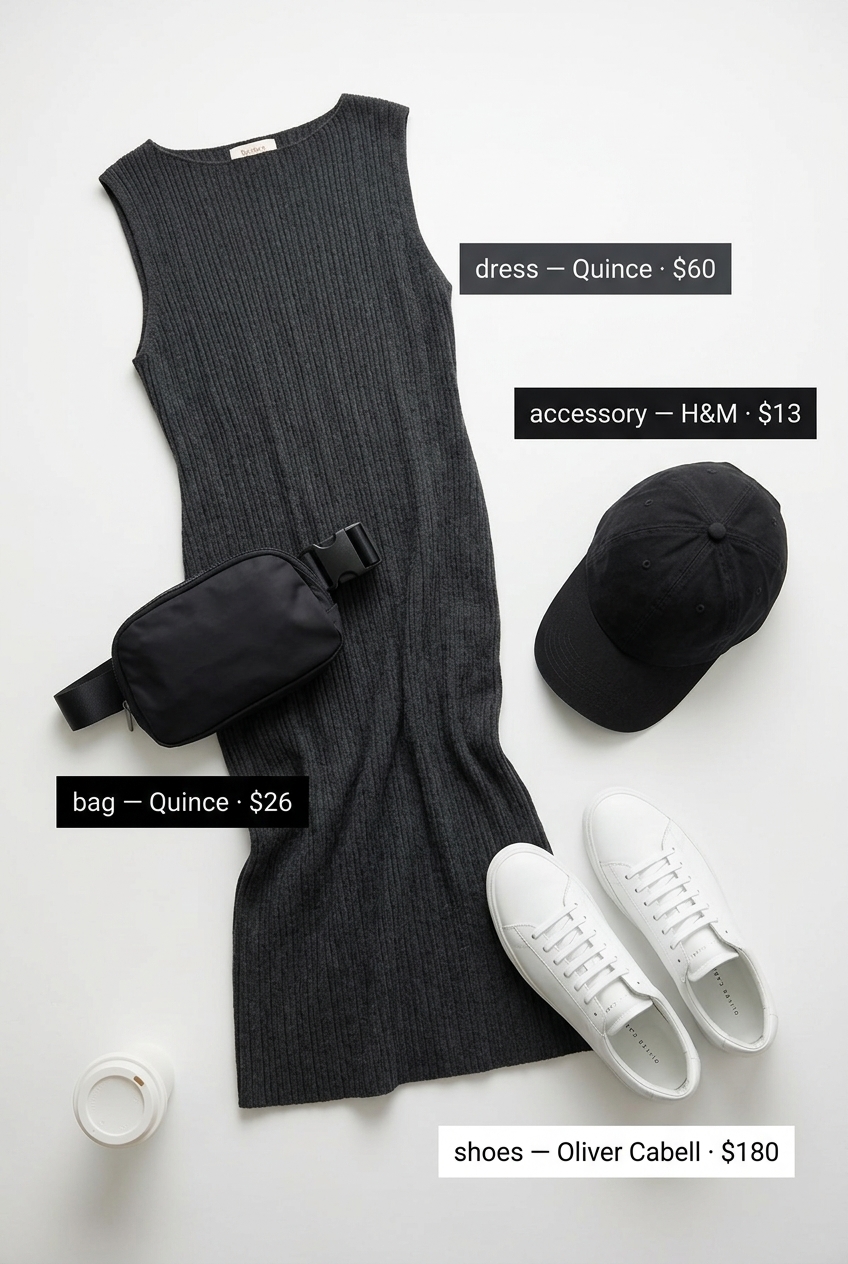 Sporty Chic Knit Dress 2026 Sporty charcoal grey knit dress for women 2026, comfortable for travel and errands. Style with white sneakers and cap.