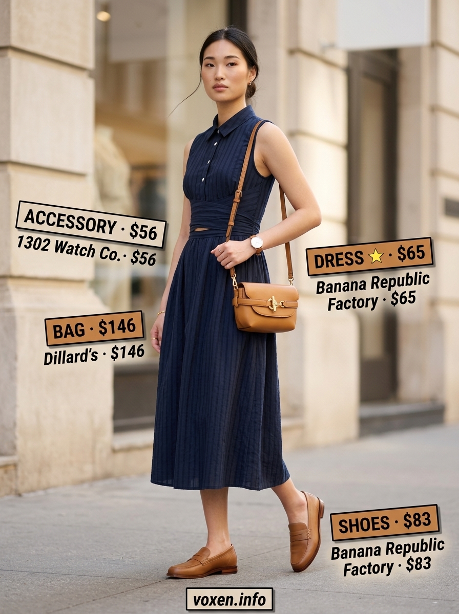 Summer Sleeveless Dresses for Women 2026: Chic City Explorer Chic City Explorer: Navy button-front sleeveless shirt dress, tan loafers, crossbody bag for summer sleeveless dresses for women 2026.