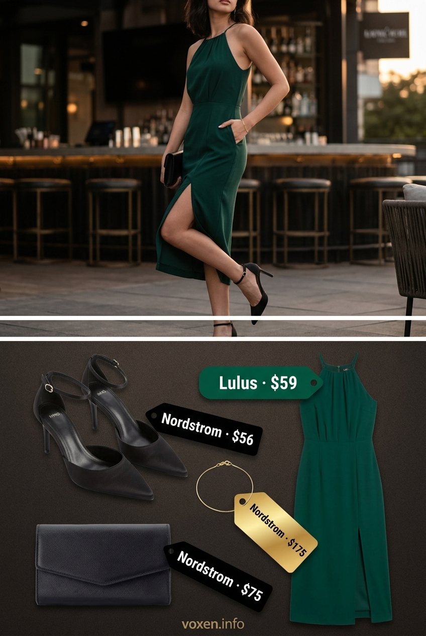 Emerald Green Sleeveless Dress 2026: Cocktail Party Style Emerald green sleeveless midi dress for women 2026, paired with black heels and gold jewelry for a cocktail party.