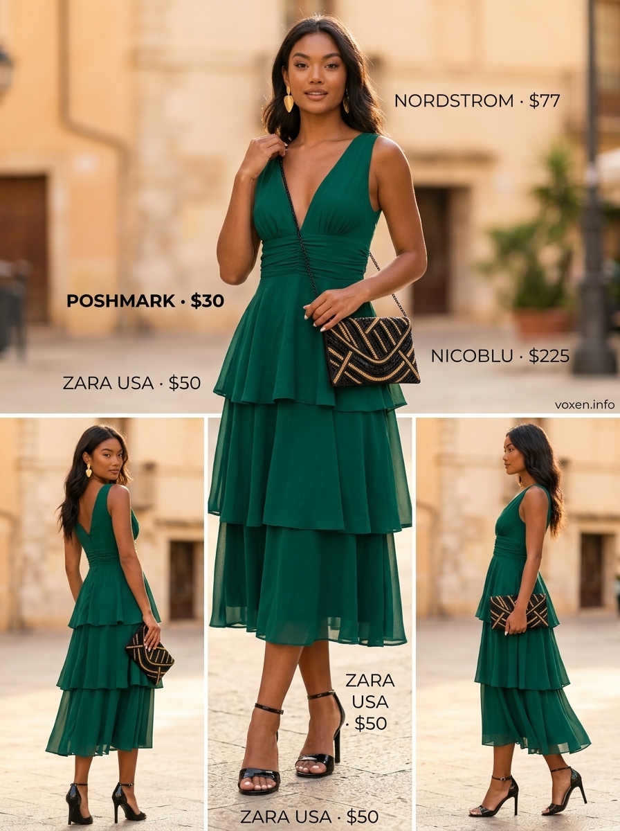 Elegant Emerald Tiered Dress 2026 Elegant emerald green tiered ruffle dress for women 2026, sophisticated for evening galas and cocktail parties. Style with gold earrings.