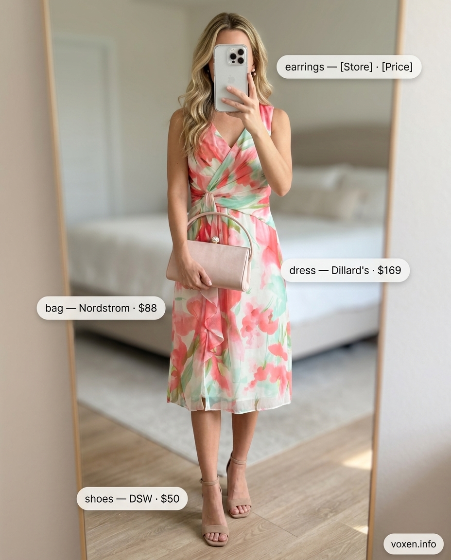 Summer Sleeveless Dresses for Women 2026: Floral Garden Party Garden Party Floral Midi: Pastel floral sleeveless midi dress, nude sandals, pearl earrings for summer sleeveless dresses for women 2026.