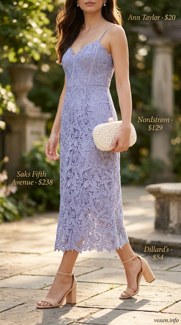 Summer Sleeveless Dresses for Women 2026: Garden Party Elegance Garden Party Elegance: Lavender lace sleeveless midi dress, nude sandals, pearl clutch for summer sleeveless dresses for women 2026.