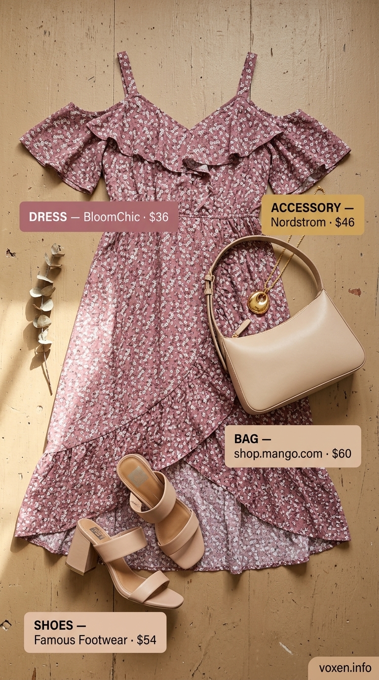 Summer Sleeveless Dresses for Women 2026: Garden Party Midi Garden Party Midi: Blush floral sleeveless wrap dress, nude sandals, gold necklace for summer sleeveless dresses for women 2026.