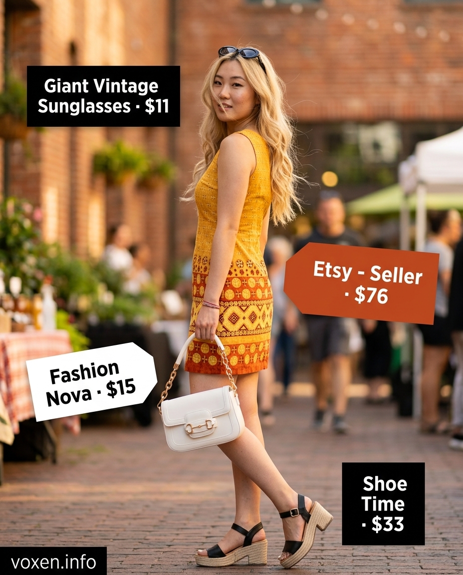 Geometric Halter Dress 2026: Festival Style Mustard yellow geometric halter dress for women 2026, styled with platform espadrilles and round sunglasses for a festival.