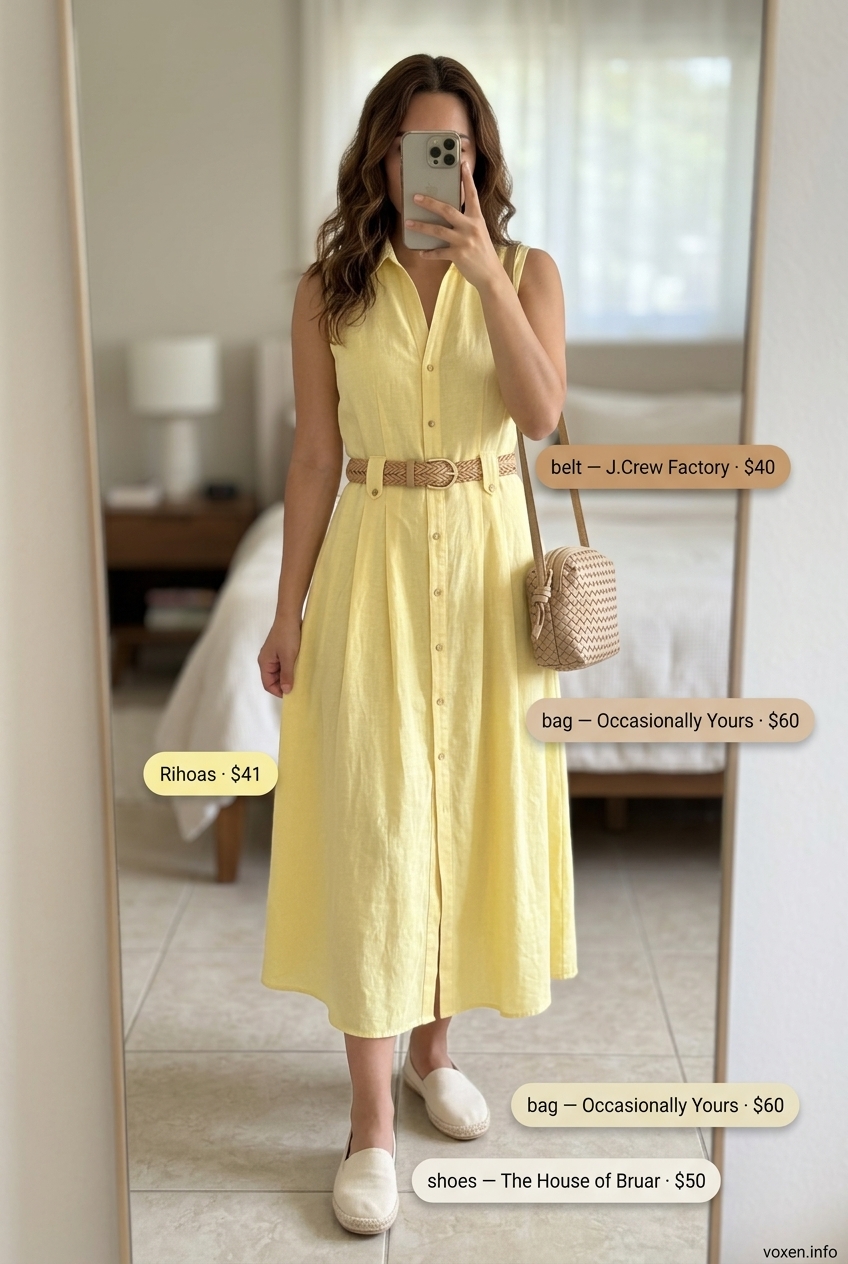 Summer Sleeveless Dresses for Women 2026: Lemonade Linen Lemonade Linen Shirt Dress: Pale yellow sleeveless linen shirt dress, espadrilles, woven bag for summer sleeveless dresses for women 2026.