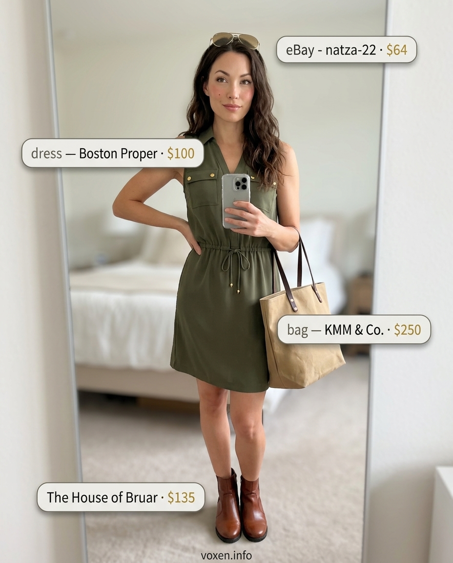 Olive Green Utility Dress 2026: Casual Weekend Style Olive green sleeveless utility dress for women 2026, styled with tan ankle boots and a canvas tote for a casual day.