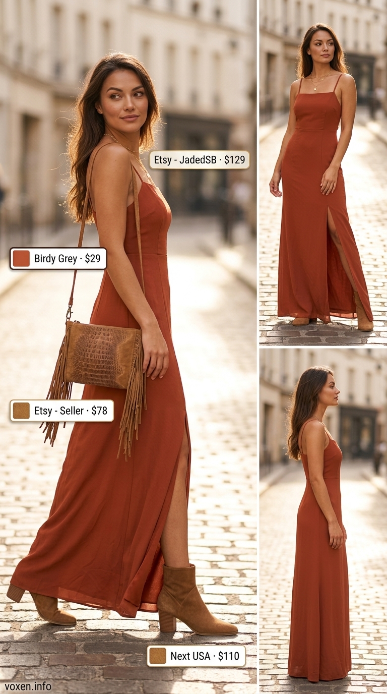 Boho Maxi Dress 2026 Bohemian rust orange paisley maxi dress for women 2026, perfect for festivals and casual days. Style with suede ankle boots.