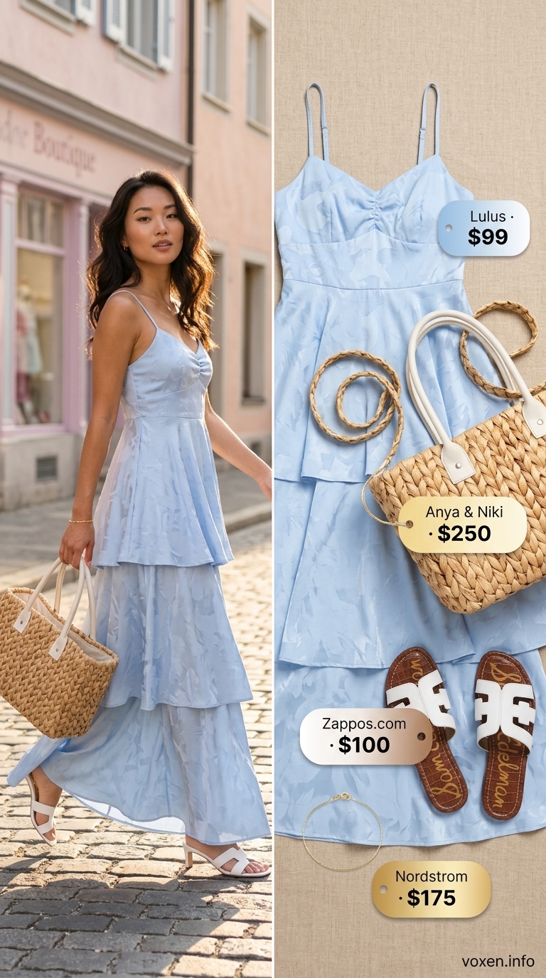 Coastal Breeze Maxi Dress 2026 Relaxed sky blue empire waist maxi dress for women 2026, perfect for beach vacations and resort wear. Style with flat sandals.