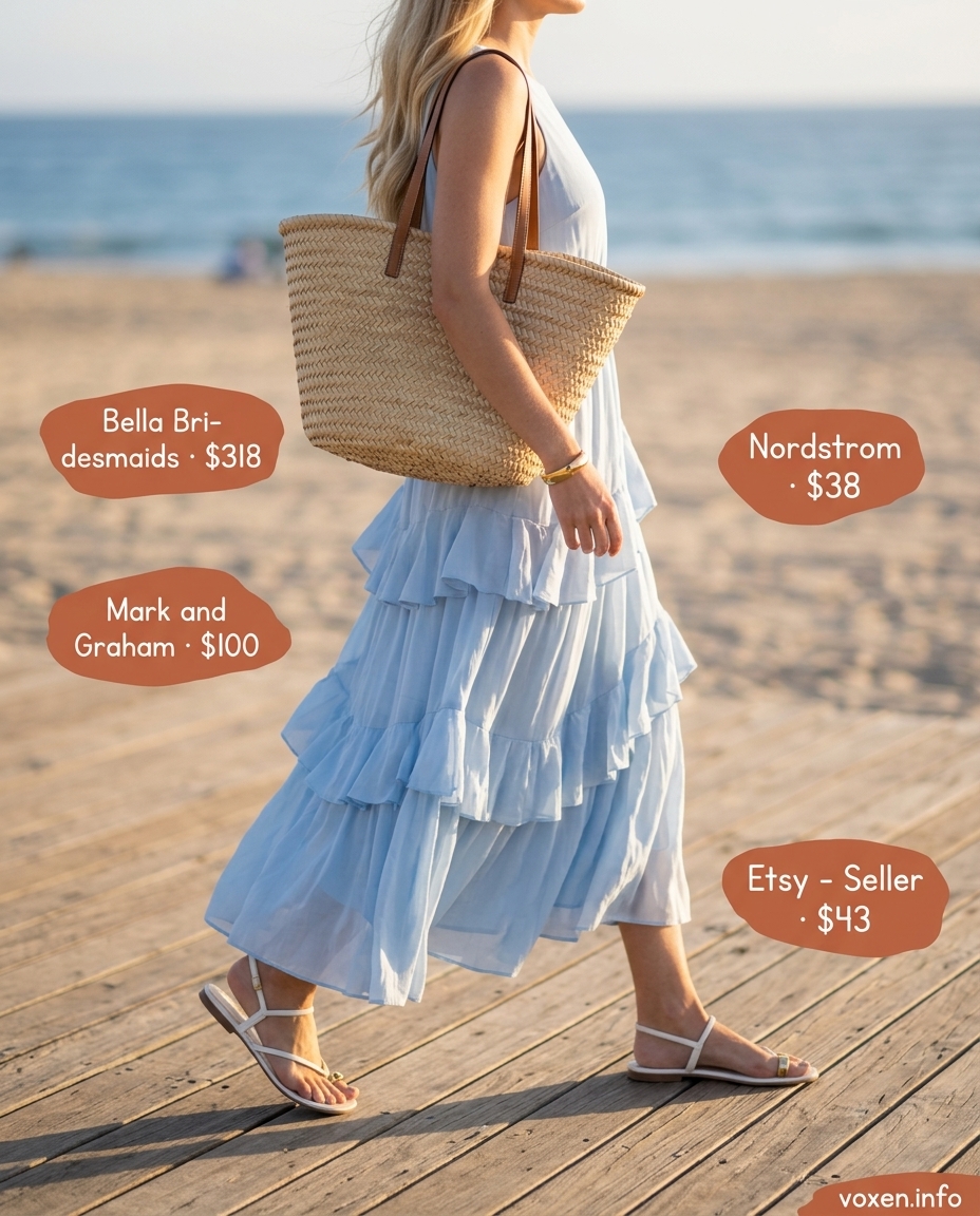 Sky Blue Maxi Dress 2026: Beach Day Style Sky blue sleeveless maxi dress for women 2026, styled with white slides and a straw tote for a beach day.