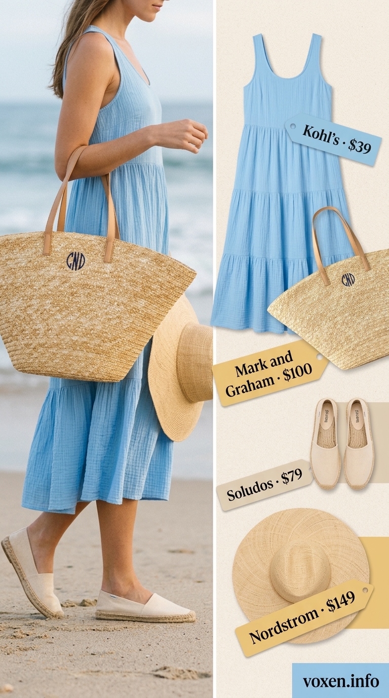 Sky Blue Sundress 2026: Coastal Breeze Style Sky blue sleeveless midi sundress for women 2026, paired with espadrilles and a straw hat for a beach day.