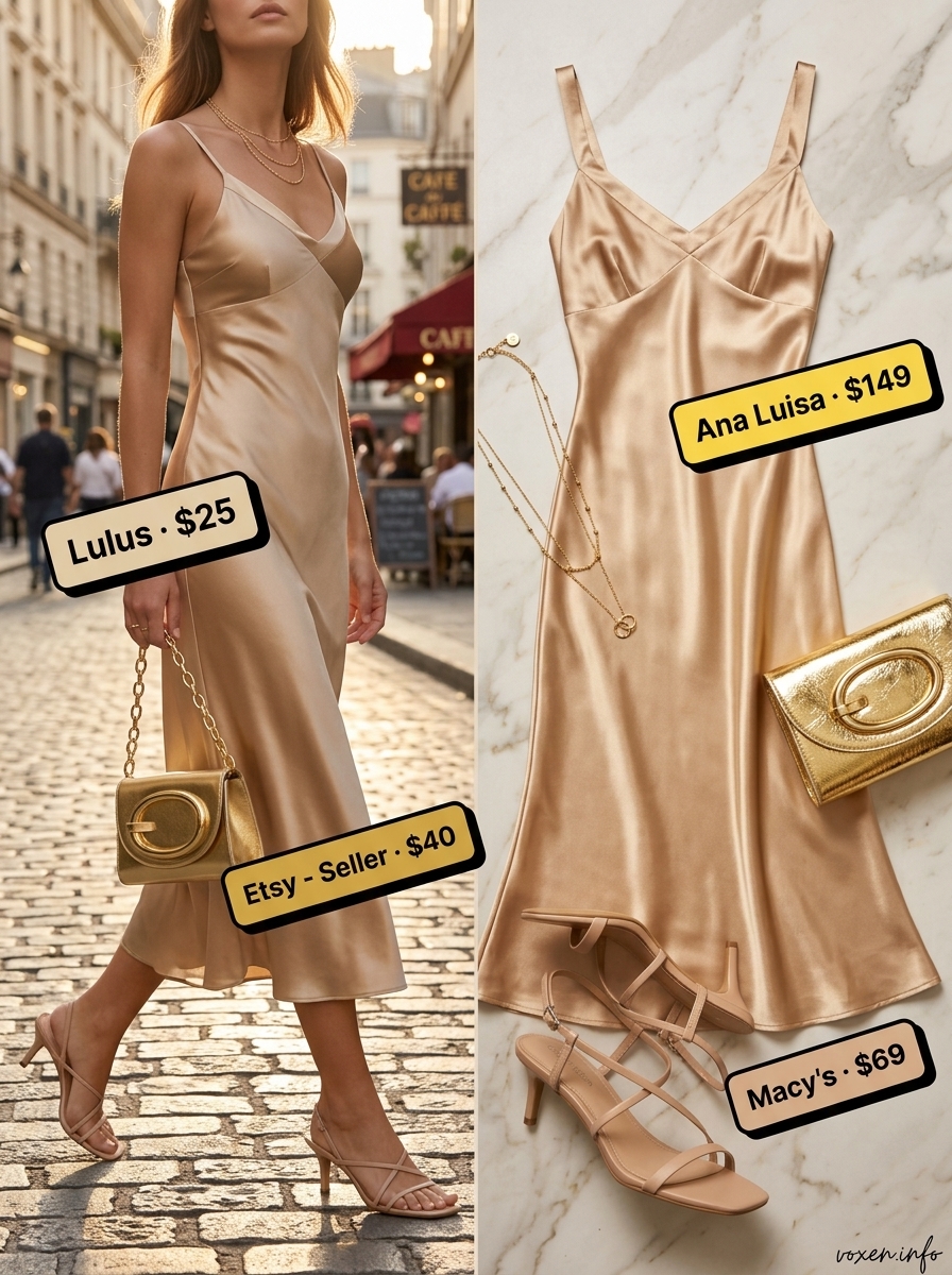 Summer Sleeveless Dresses for Women 2026: Sunset Glow Slip Sunset Glow Slip Dress: Champagne satin sleeveless midi dress, gold heels, clutch for summer sleeveless dresses for women 2026.