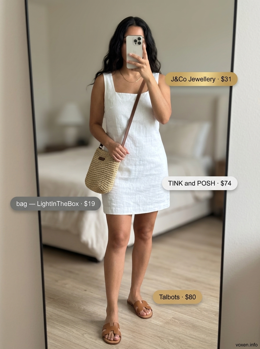 White Linen Mini Dress 2026: Casual Summer Style White linen sleeveless mini dress for women 2026, paired with tan slides and a straw crossbody for a casual day.